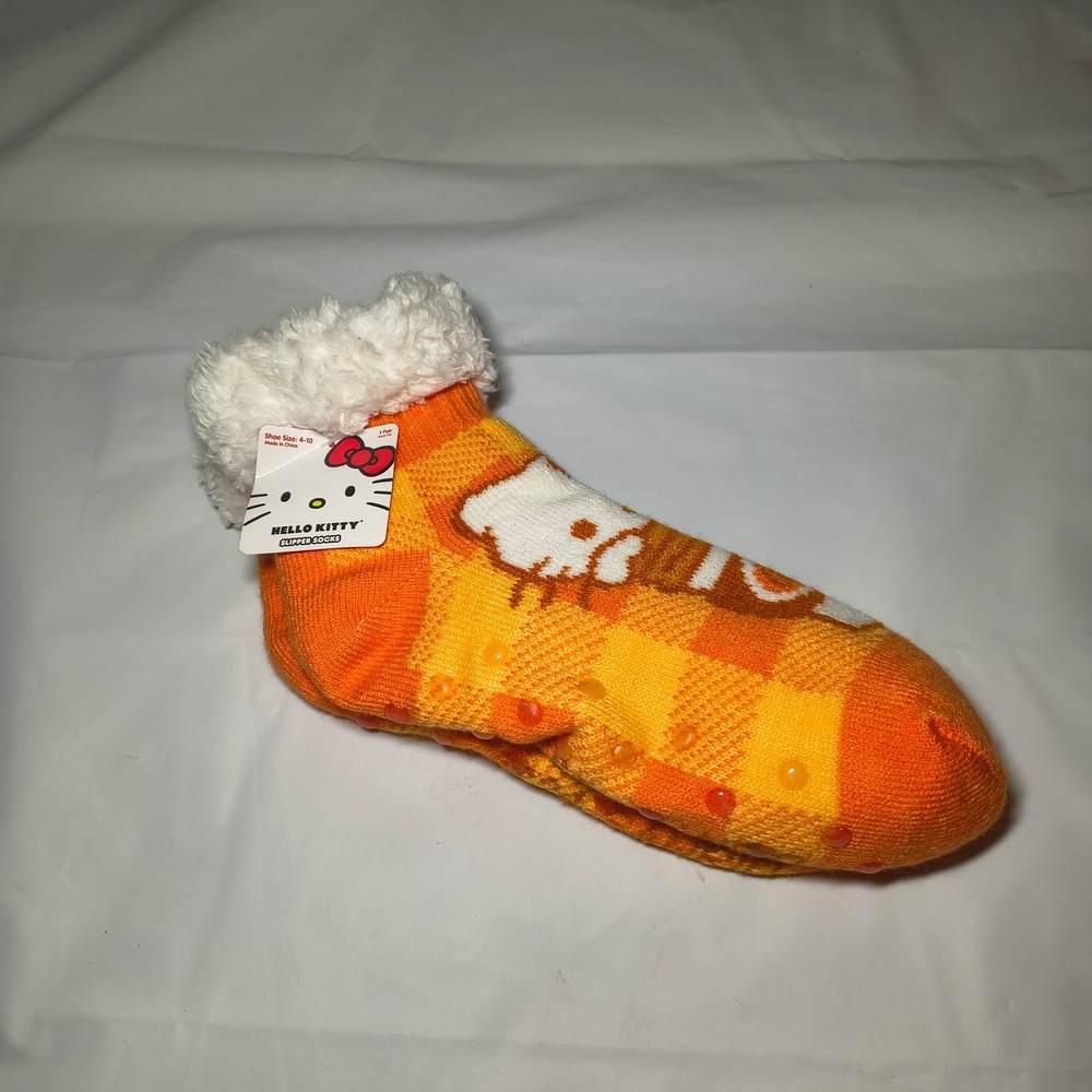 Sanrio Hello Kitty Orange Plaid Faux Fur Lined Slipper Socks Non-Slip Size 4-10